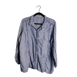 John Mark Button Up Linen Top Women's 1X Blue White Stripe Roll‎ Tab Fringe